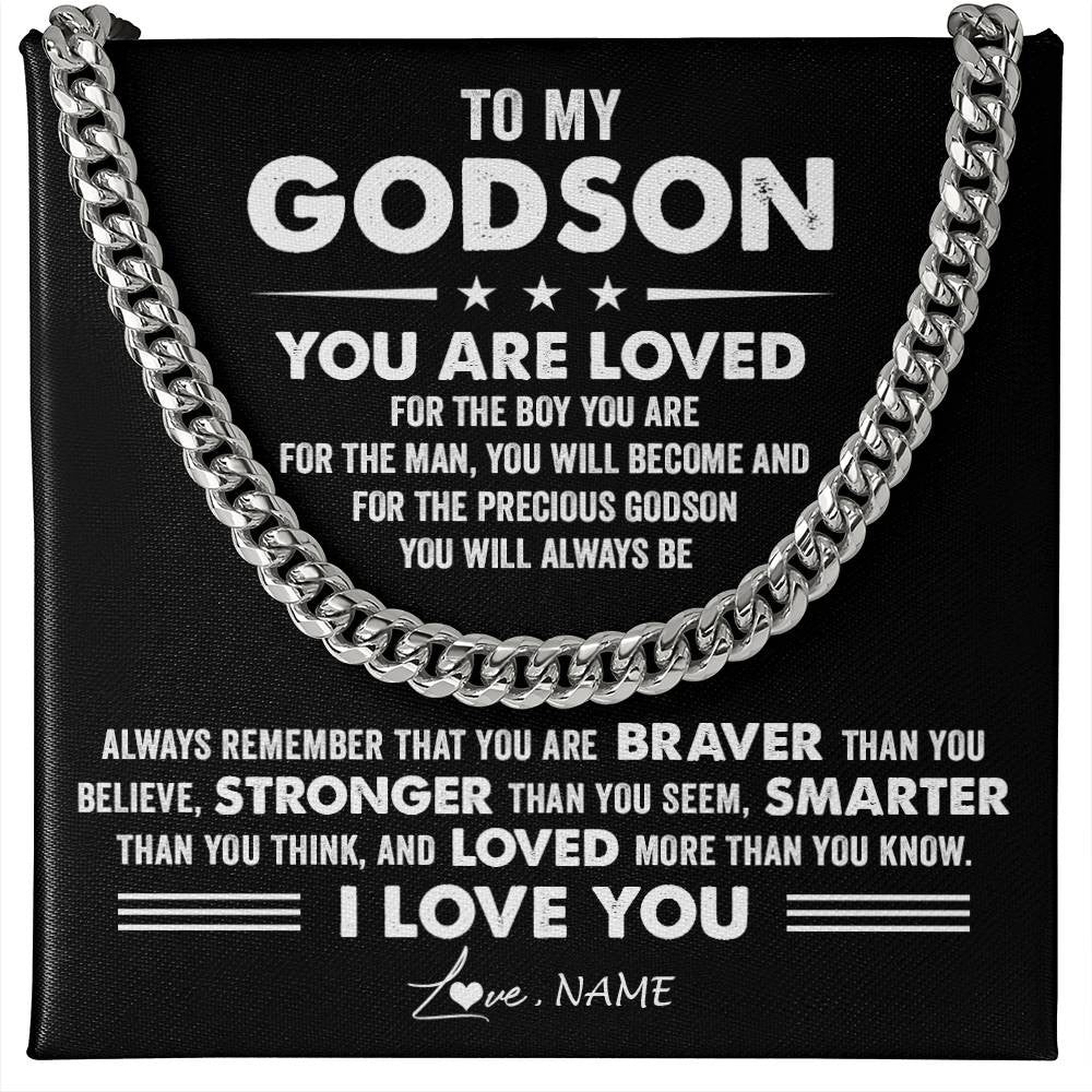 Cuban Link Chain Necklace Stainless Steel | 1 | Personalized To My Godson Necklace From Godmother Uncle Aunt Cuban Chain You Are Loved Godchild Birthday Graduation Christmas Customized Gift Box Message Card | teecentury