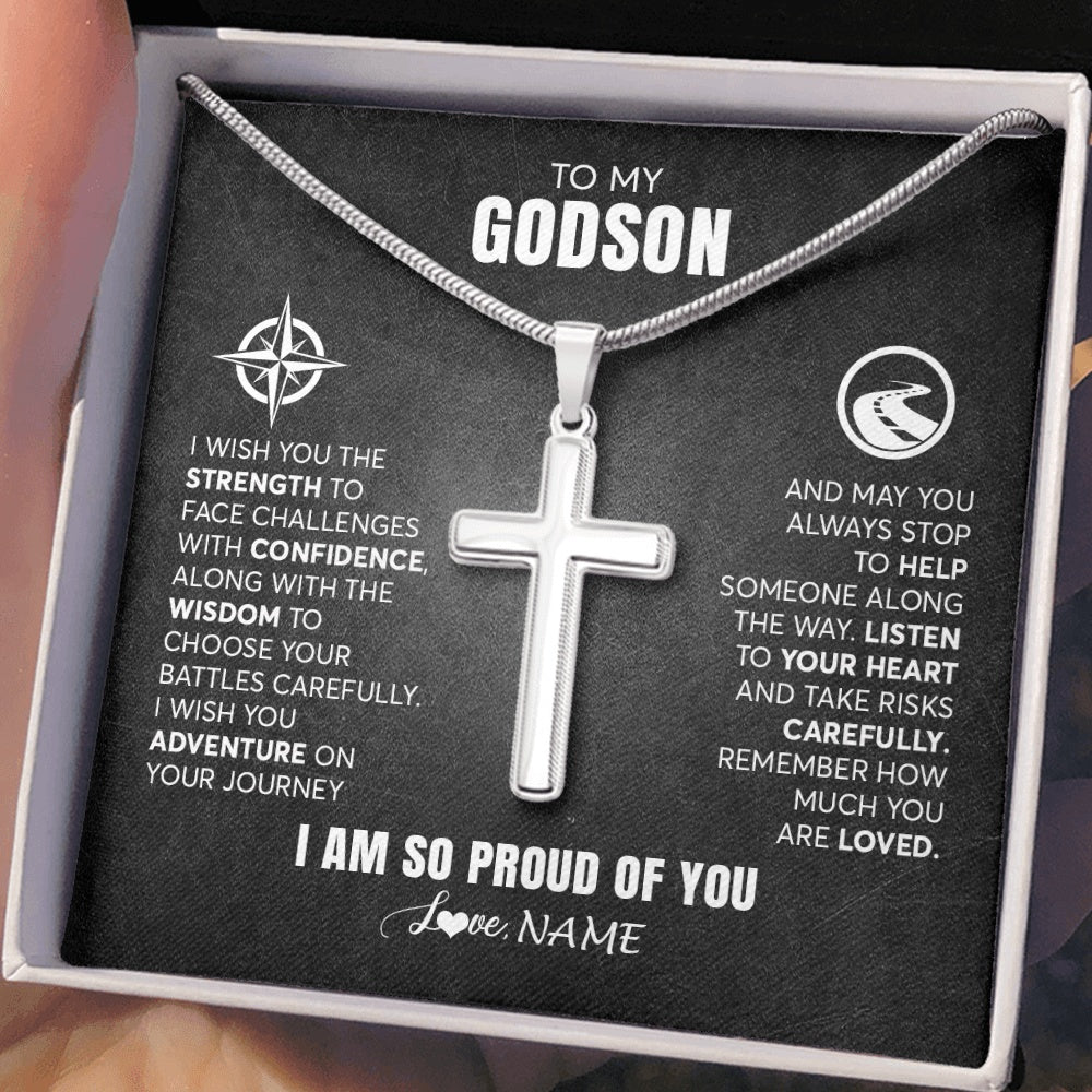 Stainless Cross Necklace Stainless Steel | 2 | Personalized To My Godson Necklace From Godmother Uncle Aunt I Wish You The Strength Godchild Birthday Graduation Inspirational Customized Gift Box Message Card | teecentury.myshopify