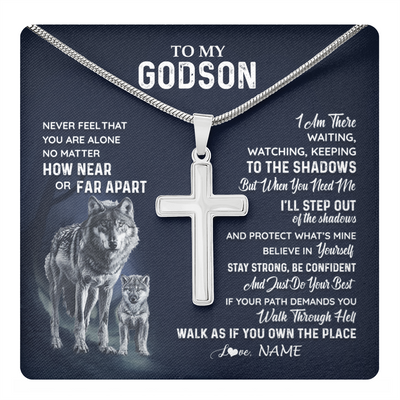 Stainless Cross Necklace Stainless Steel | 1 | Personalized To My Godson Necklace From Godmother Uncle Aunt Never Feel You Are Alone Wolf Godson Birthday Christmas Customized Gift Box Message Card | teecentury