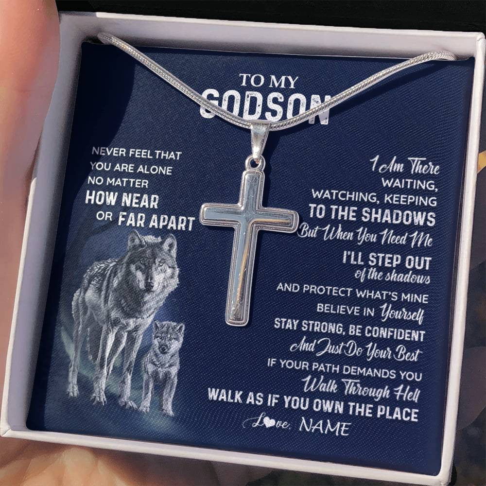 Stainless Cross Necklace Stainless Steel | 2 | Personalized To My Godson Necklace From Godmother Uncle Aunt Never Feel You Are Alone Wolf Godson Birthday Christmas Customized Gift Box Message Card | teecentury