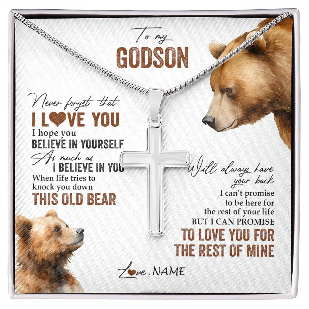 Stainless Cross Necklace Stainless Steel | 1 | Personalized To My Godson Necklace From Godmother Uncle Aunt Never Forget That I Love You Bear Godson Birthday Christmas Customized Gift Box Message Card | teecentury