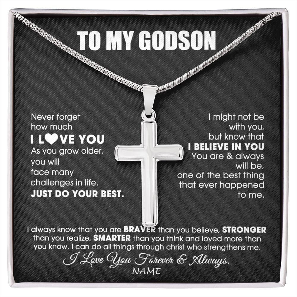 Stainless Cross Necklace | Personalized To My Godson Necklace From Godmother Uncle Aunt Smarter Than You Think Godchild Birthday Christmas Customized Gift Box Message Card | teecentury