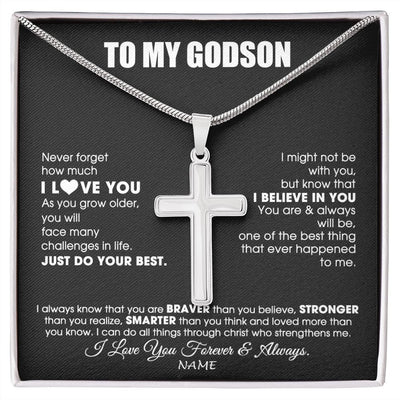 Stainless Cross Necklace | Personalized To My Godson Necklace From Godmother Uncle Aunt Smarter Than You Think Godchild Birthday Christmas Customized Gift Box Message Card | teecentury