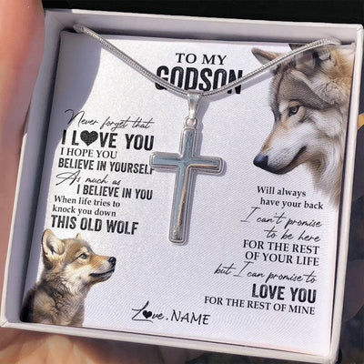 Stainless Cross Necklace Stainless Steel | 2 | Personalized To My Godson Necklace From Godmother Uncle Aunt This Old Wolf Love You Godchild Birthday Graduation Christmas Customized Gift Box Message Card | teecentury