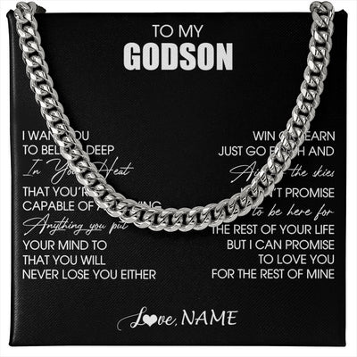 Cuban Link Chain Necklace Stainless Steel | 1 | Personalized To My Godson Necklace From Godmother Uncle Believe Deep In Your Heart Godson Birthday Gifts Jewelry For Men Customized Gift Box Message Card | teecentury