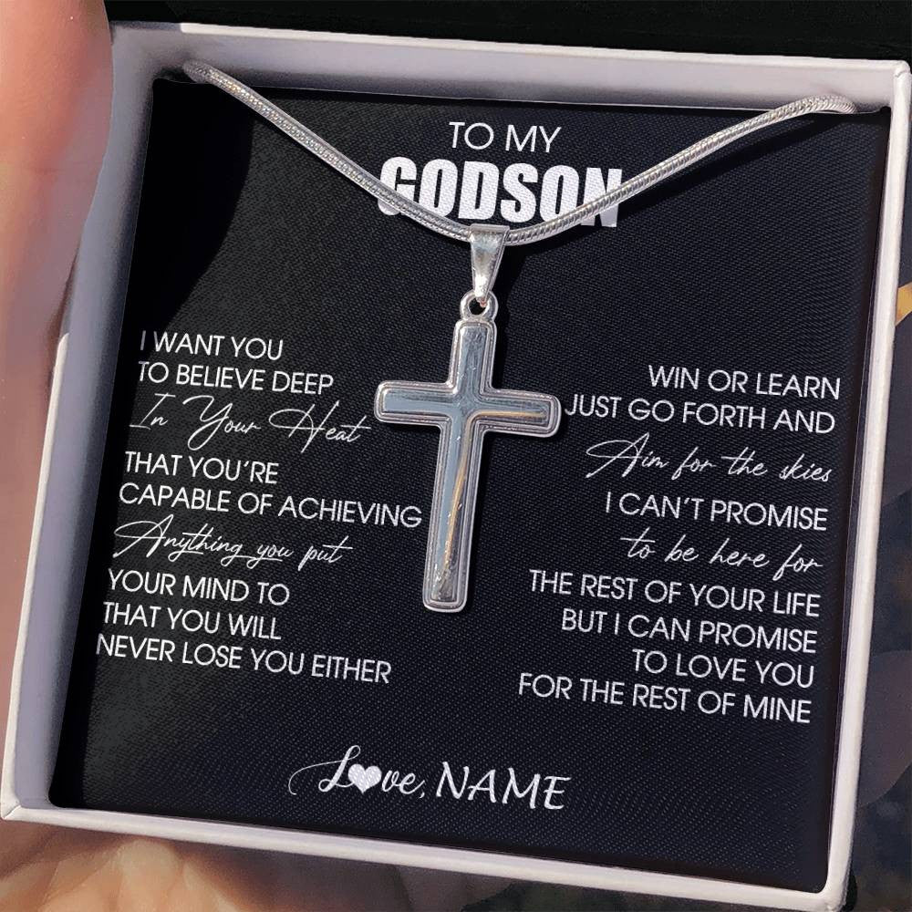 Stainless Cross Necklace Stainless Steel | 2 | Personalized To My Godson Necklace From Godmother Uncle Believe Deep In Your Heart Godson Birthday Gifts Jewelry For Men Customized Gift Box Message Card | teecentury