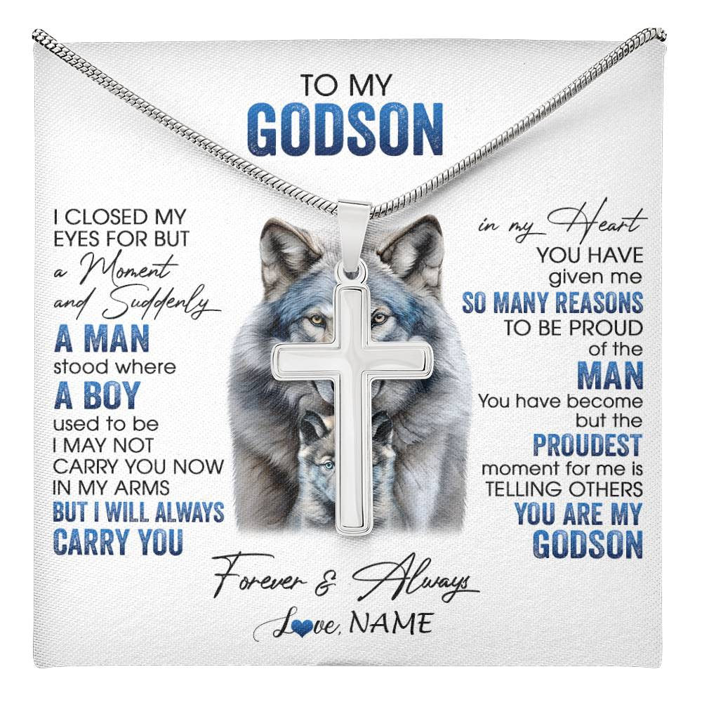 Stainless Cross Necklace Stainless Steel | 1 | Personalized To My Godson Necklace From Godmother Uncle I Close My Eyes For But A Moment Wolf Godson Birthday Gifts Christmas Customized Gift Box Message Card | teecentury