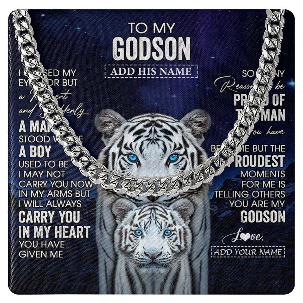 Cuban Link Chain Necklace Stainless Steel | 1 | Personalized To My Godson Necklace From Godmother Uncle I Close My Eyes White Tiger Birthday Gift For Godson Graduation Christmas Custom Gift Box Message Card | https://teecentury.