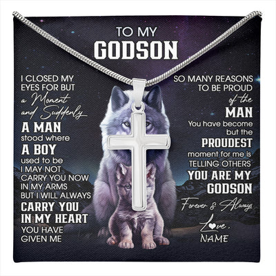 Stainless Cross Necklace Stainless Steel | 1 | Personalized To My Godson Necklace From Godmother Uncle I Close My Eyes Wolf Godson Birthday Gifts Graduation Christmas Customized Gift Box Message Card | teecentury