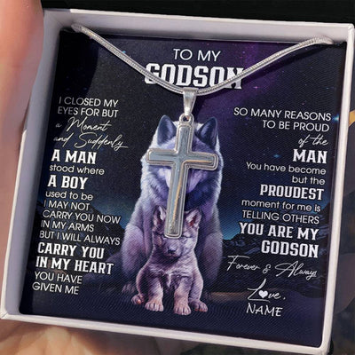 Stainless Cross Necklace Stainless Steel | 2 | Personalized To My Godson Necklace From Godmother Uncle I Close My Eyes Wolf Godson Birthday Gifts Graduation Christmas Customized Gift Box Message Card | teecentury