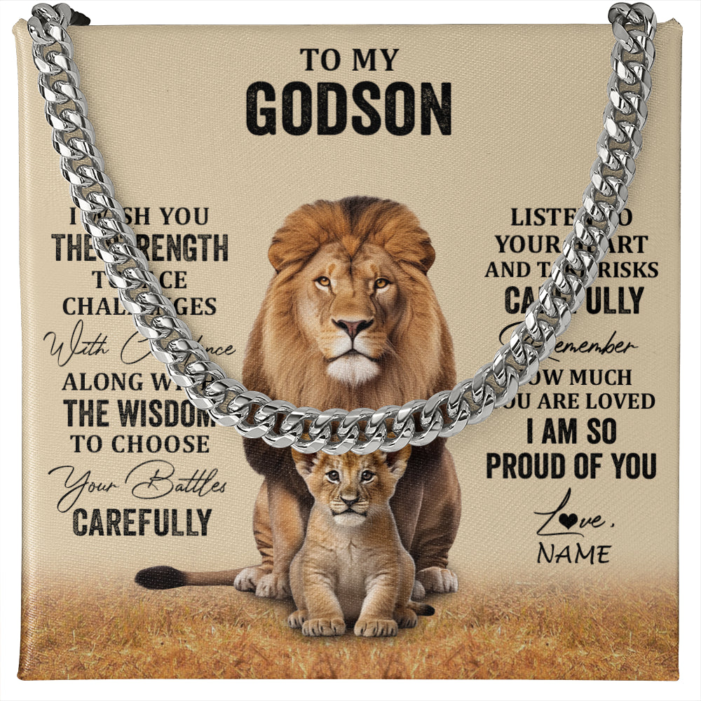 Cuban Link Chain Necklace Stainless Steel | 1 | Personalized To My Godson Necklace From Godmother Uncle I Wish You The Strength Lion Godson Birthday Graduation Christmas Customized Gift Box Message Card | teecentury