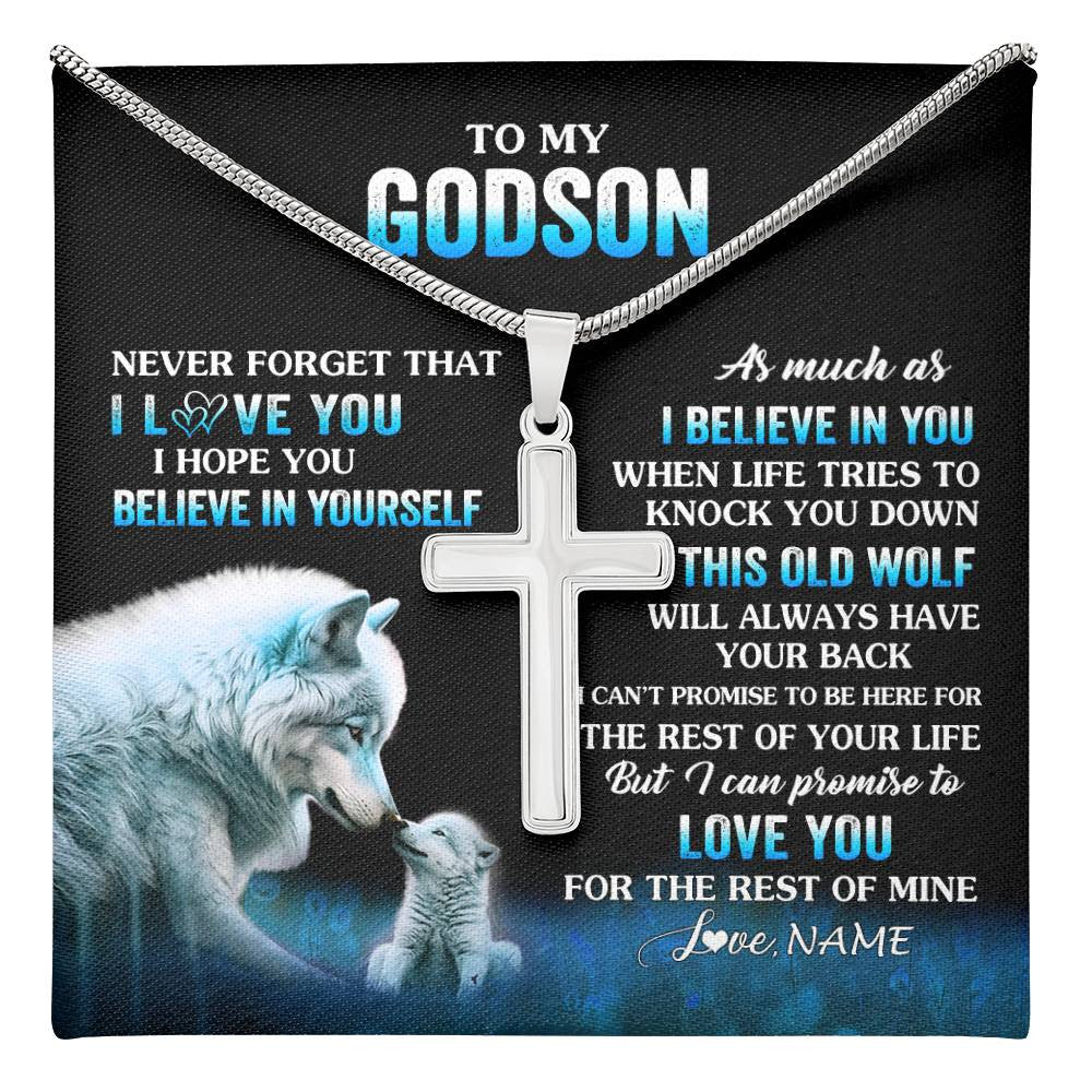 Stainless Cross Necklace Stainless Steel | 1 | Personalized To My Godson Necklace From Godmother Uncle This Old Wolf Love Godson Birthday Gifts Graduation Christmas Customized Gift Box Message Card | teecentury
