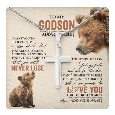Stainless Cross Necklace Stainless Steel | 1 | Personalized To My Godson Necklace From Godmother Uncle You Will Never Lose Bear Godson Birthday Gifts Graduation Christmas Customized Gift Box Message Card | teecentury.myshopify