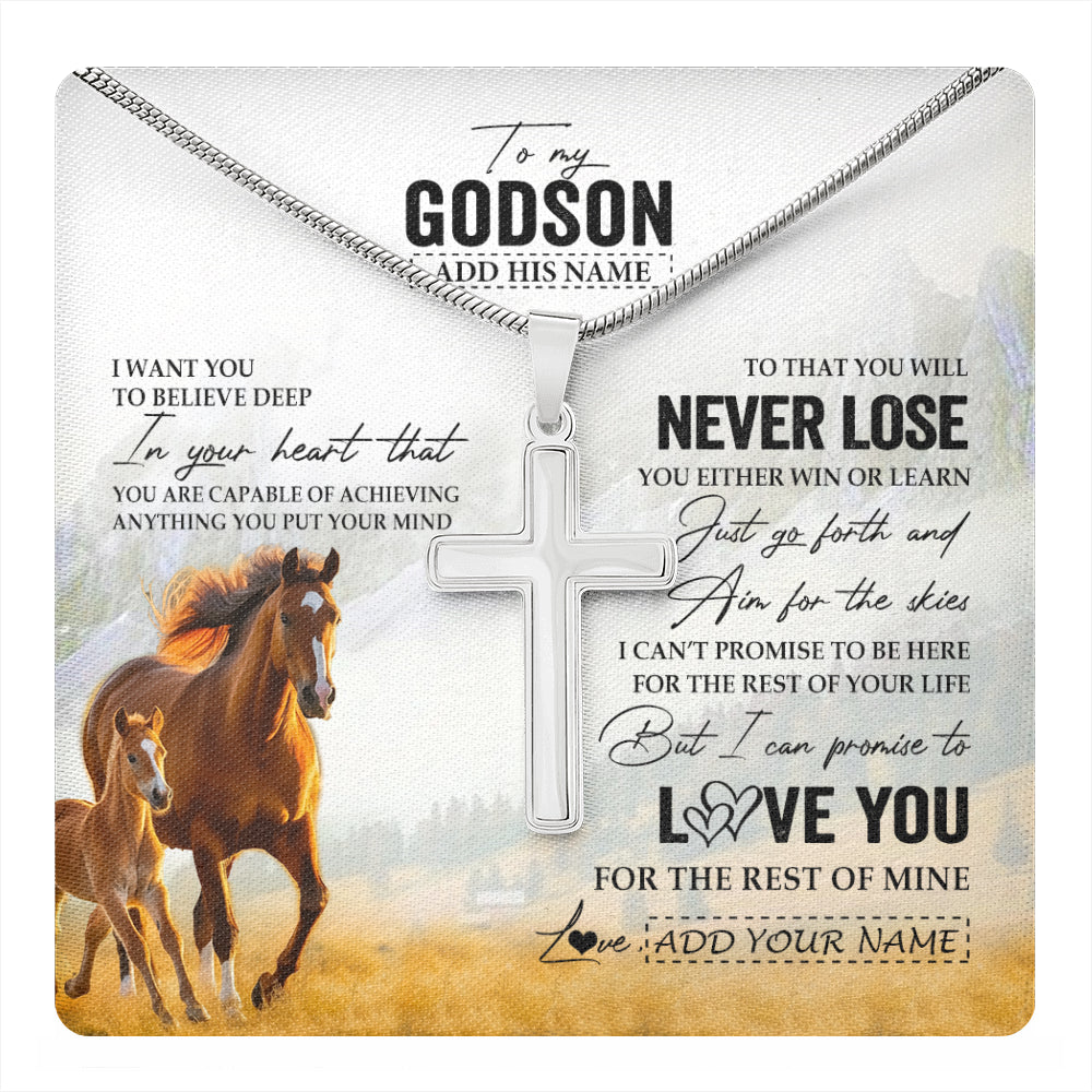 Stainless Cross Necklace Stainless Steel | 1 | Personalized To My Godson Necklace From Godmother Uncle You Will Never Lose Horse Godson Birthday Gifts Graduation Christmas Customized Gift Box Message Card | teecentury