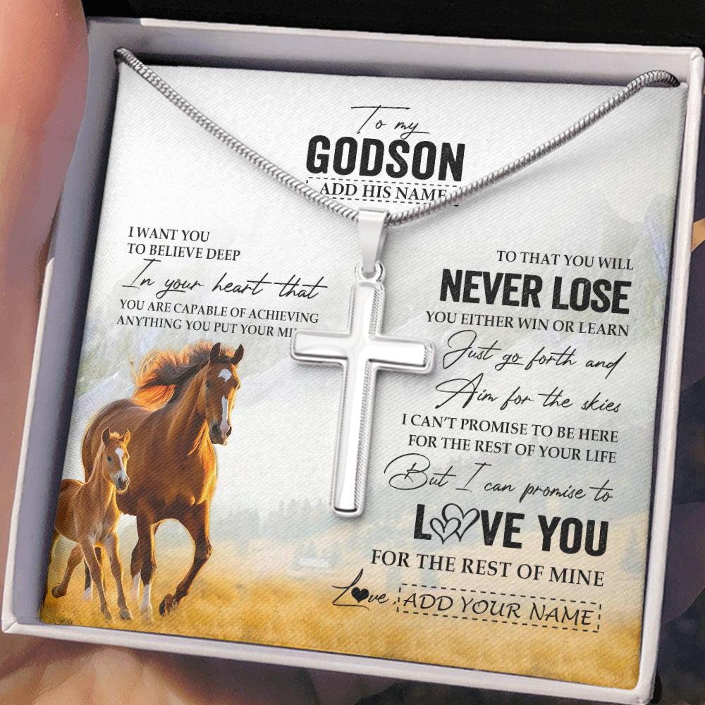 Stainless Cross Necklace Stainless Steel | 2 | Personalized To My Godson Necklace From Godmother Uncle You Will Never Lose Horse Godson Birthday Gifts Graduation Christmas Customized Gift Box Message Card | teecentury