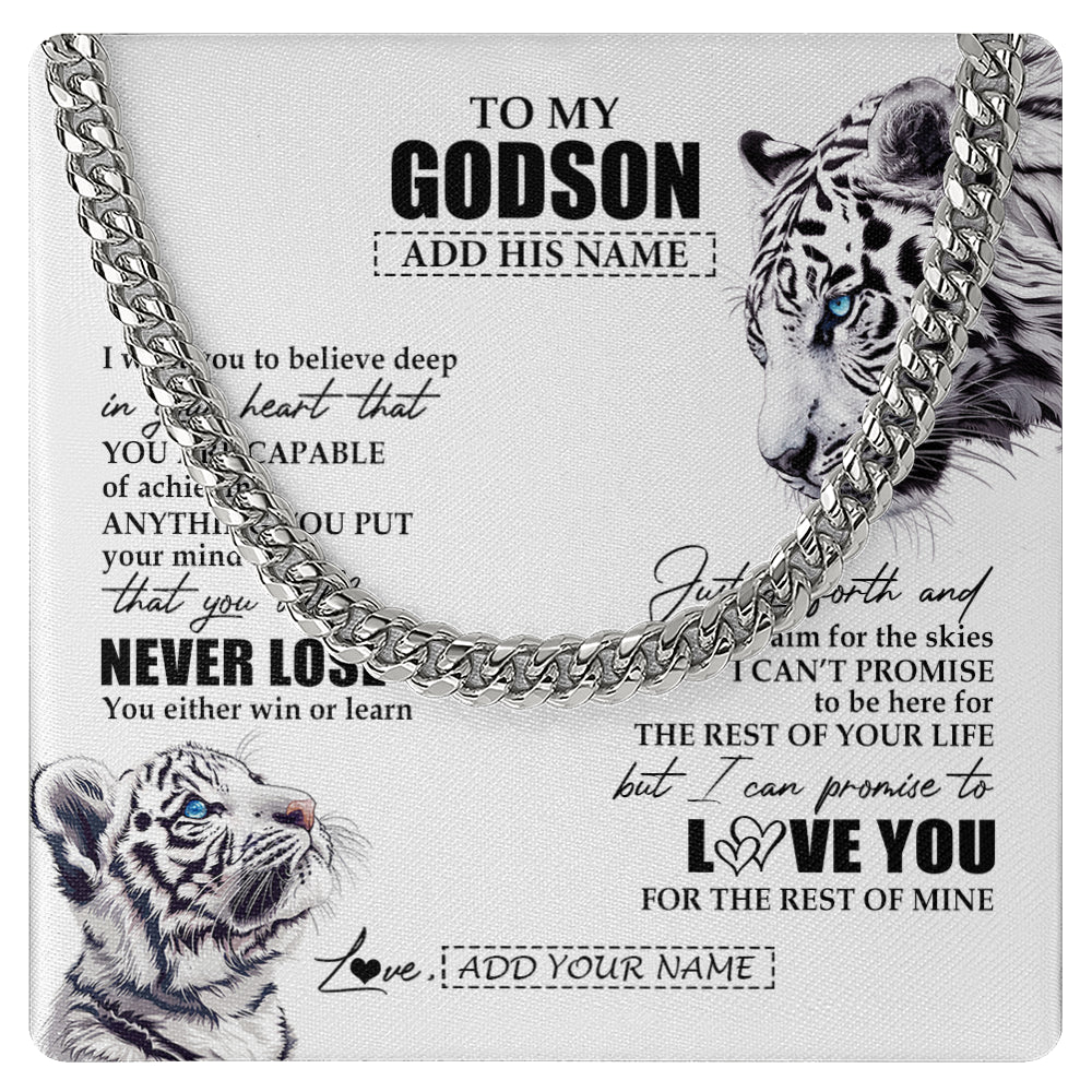 Cuban Link Chain Necklace Stainless Steel | 1 | Personalized To My Godson Necklace From Godmother Uncle You Will Never Lose White Tiger Godson Birthday Gifts Christmas Customized Gift Box Message Card | teecentury