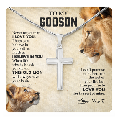 Stainless Cross Necklace Stainless Steel | 1 | Personalized To My Godson Necklace from Godfather Uncle Never Forget I Love You Lion Godson Birthday Graduation Christmas Customized Gift Box Message Card | teecentury