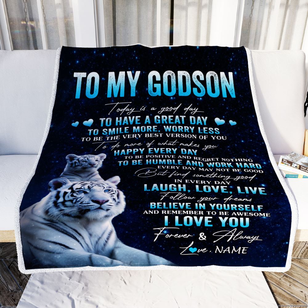 Personalized To My Godson Tiger Blanket From Godmother Today Is A Good Day Godson Gifts Birthday Graduation Christmas Customized Bed Fleece Throw Blanket | teecentury