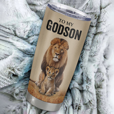 Personalized To My Godson Tumbler From Godfather Lion Stainless Steel Cup Never Forget That I Love You Godson Birthday Gifts Graduation Christmas Custom Travel Mug | teecentury