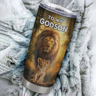Personalized To My Godson Tumbler From Godfather Stainless Steel Cup Lion Never Give Up Godchild Birthday Graduation Christmas Travel Mug | teecentury