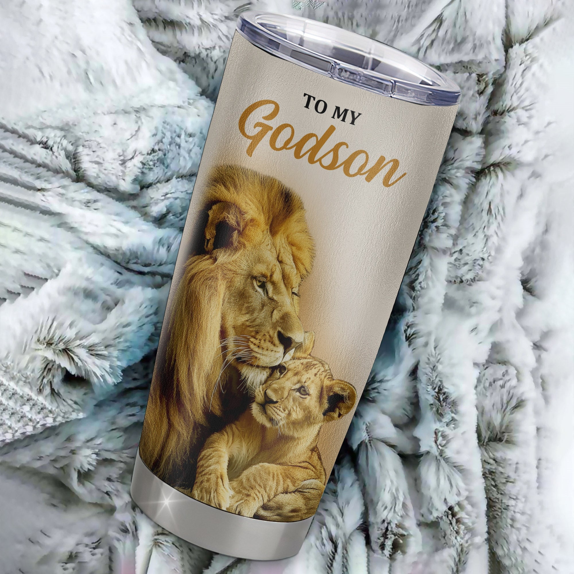 Personalized To My Godson Tumbler From Godfather Uncle Stainless Steel Cup Lion Never Feel That You Are Alone Great Godson Birthday Christmas Travel Mug | teecentury