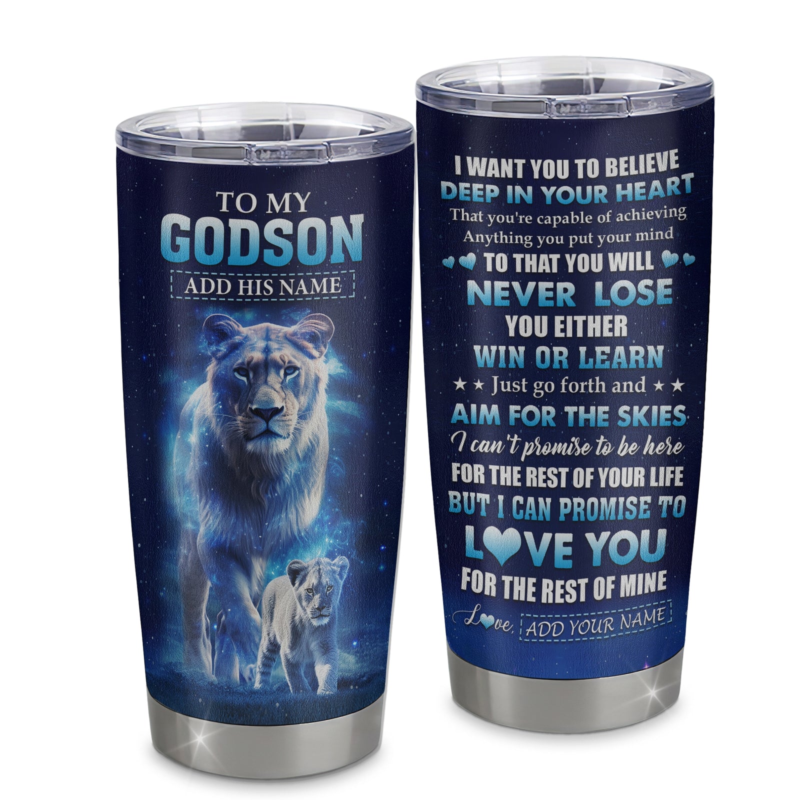 Personalized To My Godson Tumbler From Godmother Aunt Believe Your Heart Godson Gift Birthday Graduation Christmas Custom Stainless Steel Cup Travel Mug | teecentury