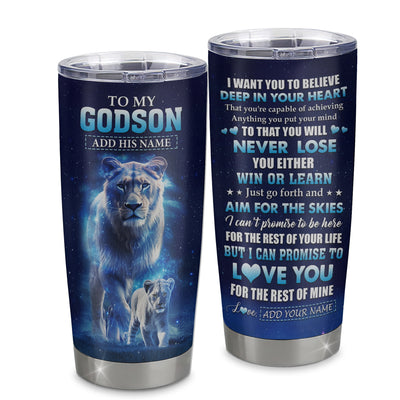 Personalized To My Godson Tumbler From Godmother Aunt Believe Your Heart Godson Gift Birthday Graduation Christmas Custom Stainless Steel Cup Travel Mug | teecentury