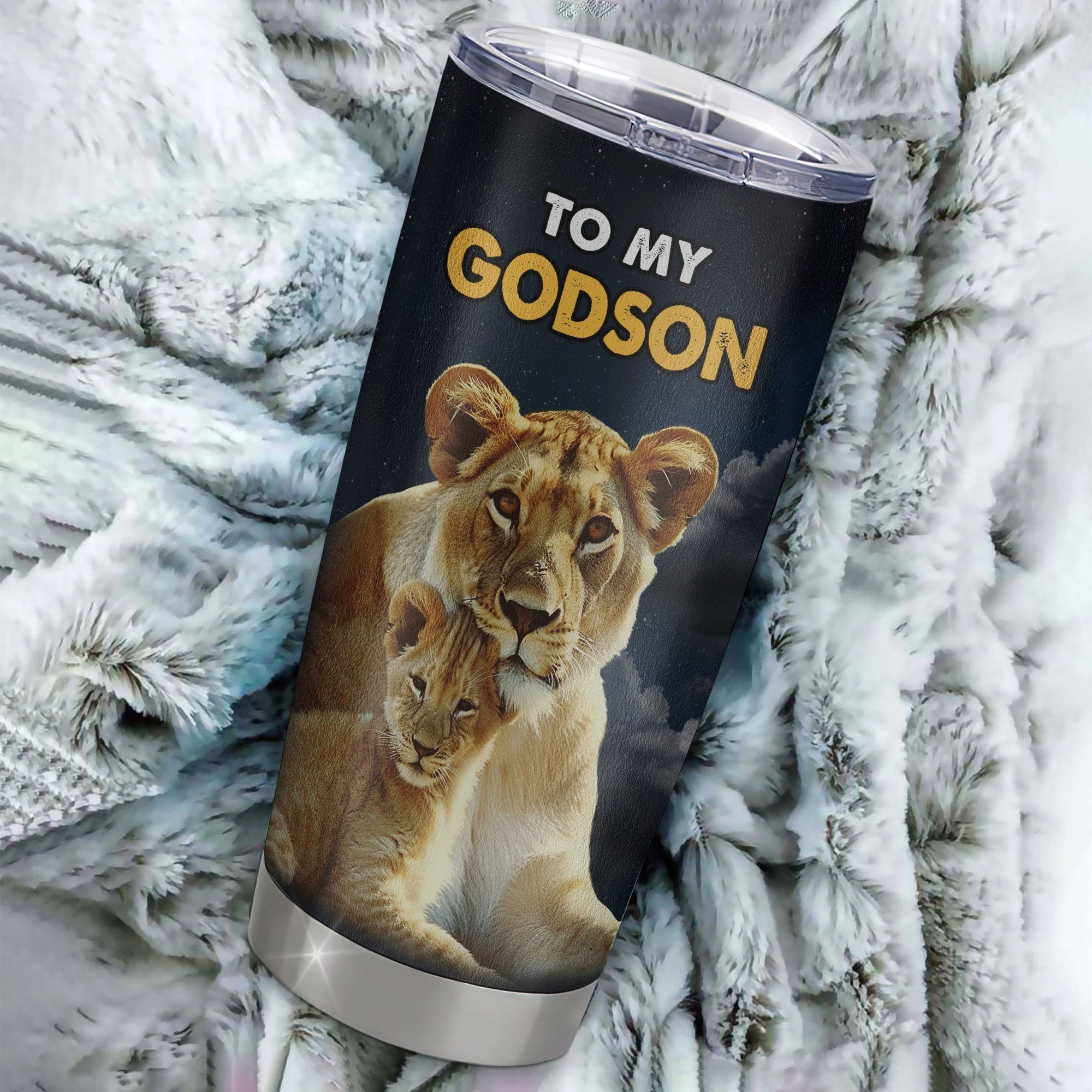 Personalized To My Godson Tumbler From Godmother Aunt Stainless Steel Cup Lion Never Give Up Godchild Birthday Graduation Christmas Travel Mug | teecentury