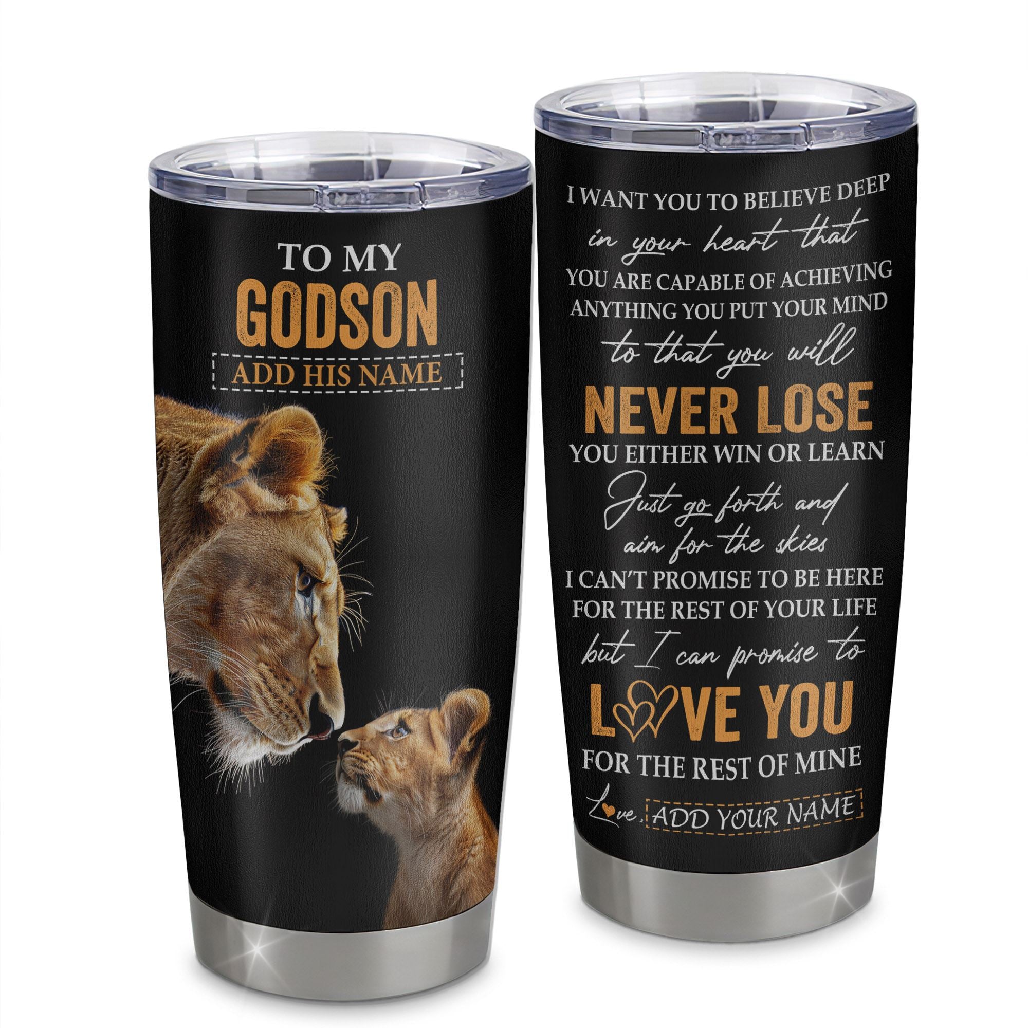 Personalized To My Godson Tumbler From Godmother Aunt You Will Never Lose Lion Godson Birthday Gifts Graduation Christmas Custom Stainless Steel Cup Travel Mug | teecentury