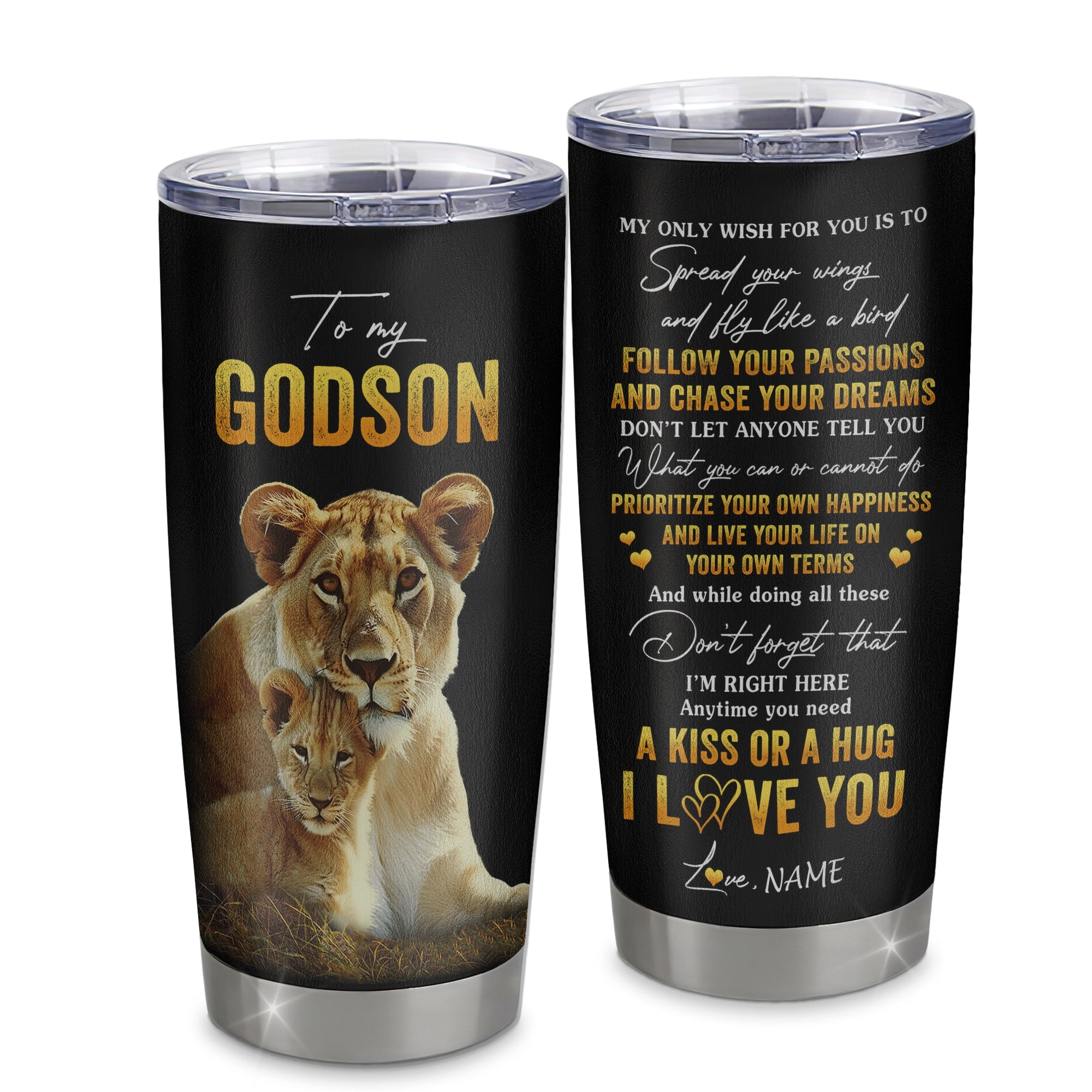 Personalized To My Godson Tumbler From Godmother Aunty Stainless Steel Cup Lion My Only Wish For You Godchild Birthday Graduation Christmas Travel Mug | teecentury