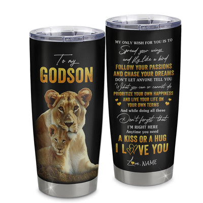 Personalized To My Godson Tumbler From Godmother Aunty Stainless Steel Cup Lion My Only Wish For You Godchild Birthday Graduation Christmas Travel Mug | teecentury