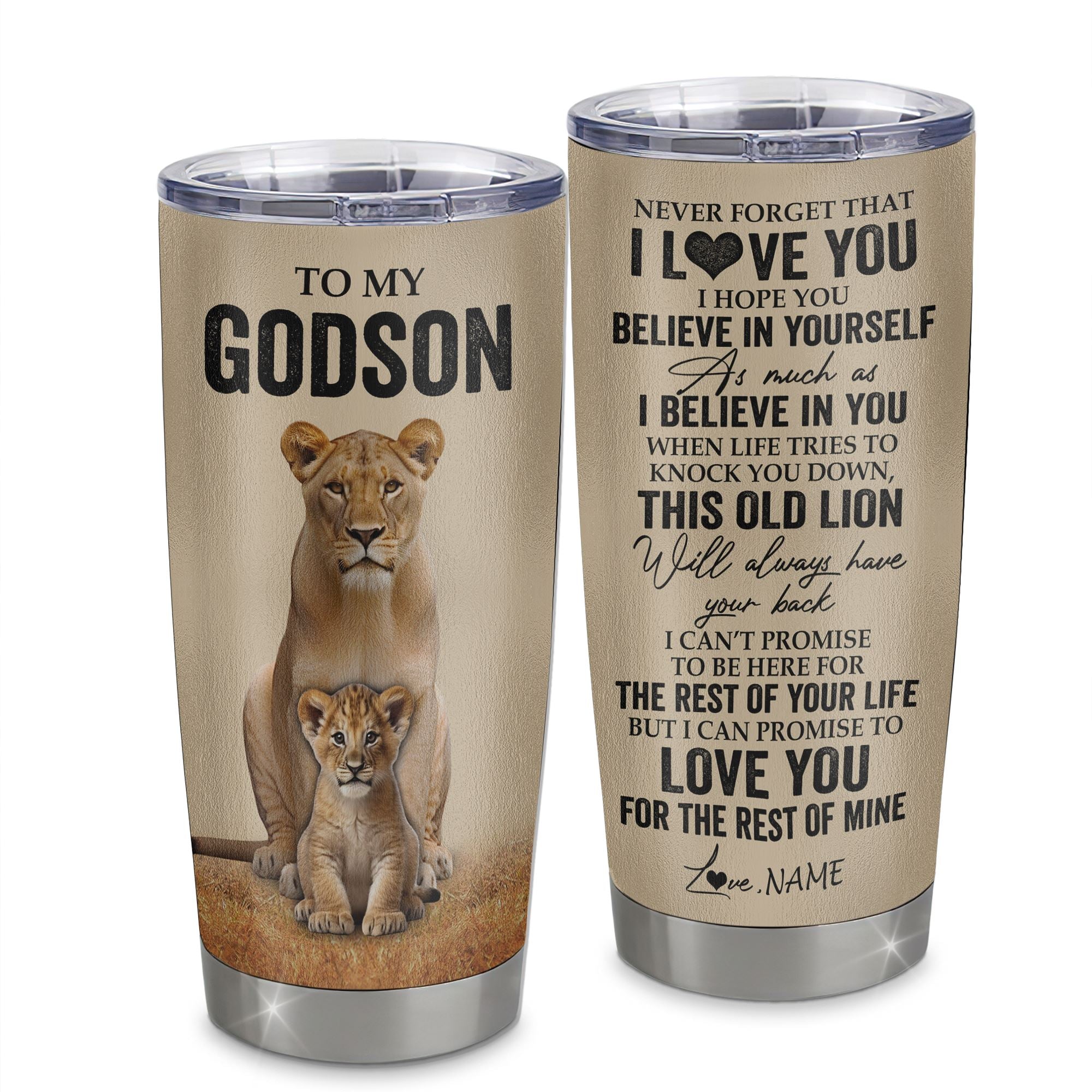 Personalized To My Godson Tumbler From Godmother Lion Stainless Steel Cup Never Forget That I Love You Godson Birthday Gifts Graduation Christmas Custom Travel Mug | teecentury