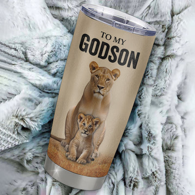 Personalized To My Godson Tumbler From Godmother Lion Stainless Steel Cup Never Forget That I Love You Godson Birthday Gifts Graduation Christmas Custom Travel Mug | teecentury