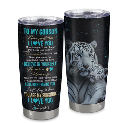 Personalized To My Godson Tumbler From Godmother Uncle Aunt Stainless Steel Cup Never Forget I Love You White Tiger Godson Birthday Christmas Travel Mug | teecentury