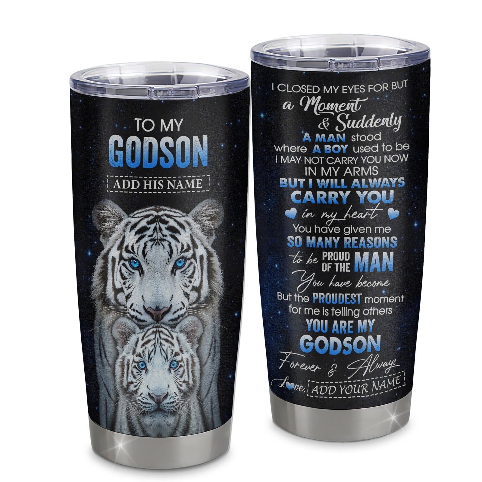 Personalized To My Godson Tumbler From Godmother Uncle I Close My Eyes White Tiger Birthday Gifts For Godson Graduation Christmas Stainless Steel Tumbler Mug | teecentury