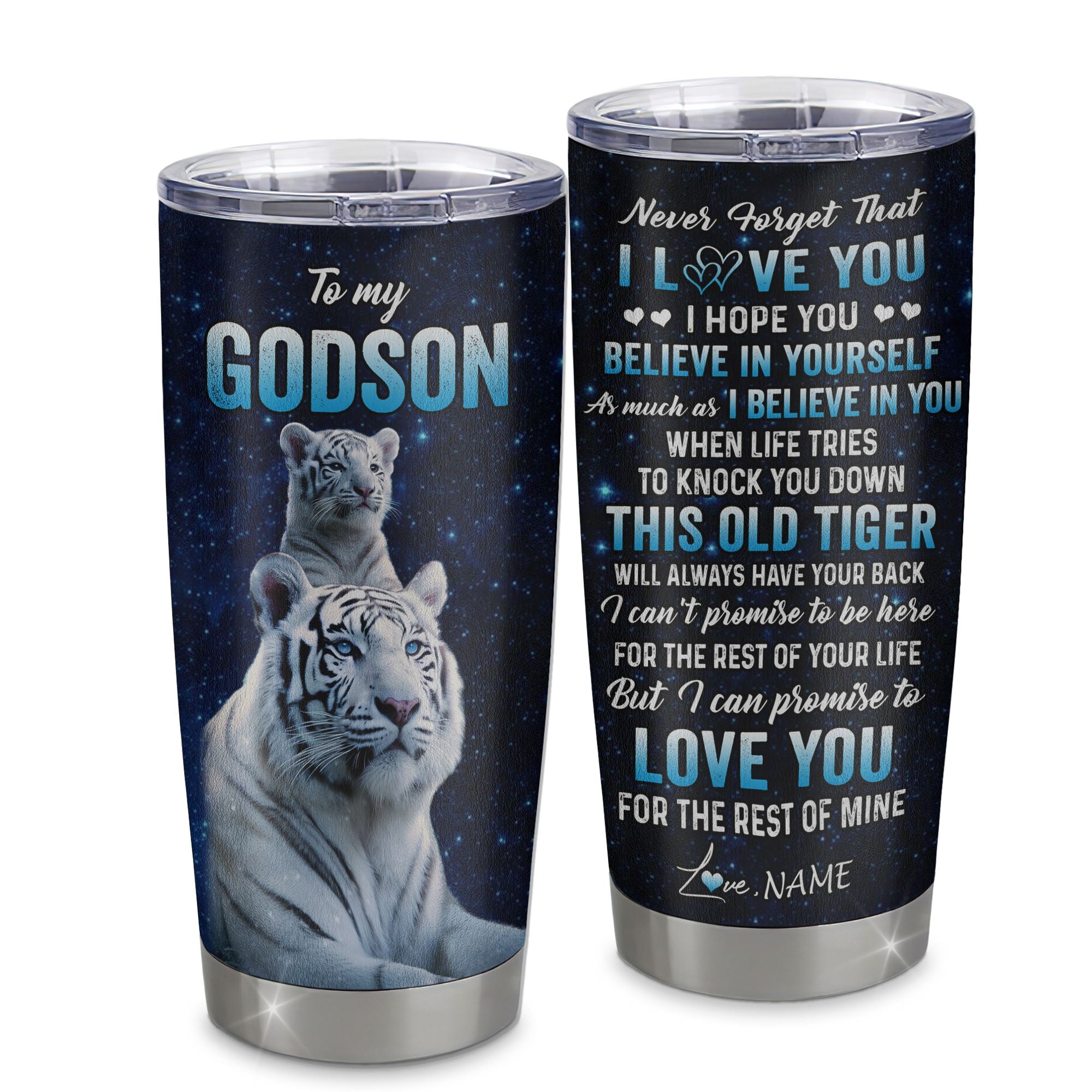 Personalized To My Godson Tumbler Gift From Godmother Aunt Stainless Steel Cup This Old Tiger Love You Godson Birthday Graduation Christmas Custom Travel Mug | teecentury