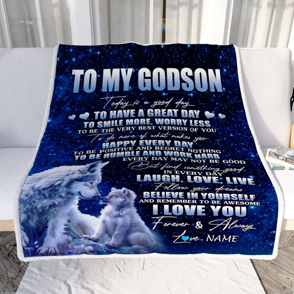 Personalized To My Godson Wolf Blanket From Godmother Today Is A Good Day Godson Gifts Birthday Graduation Christmas Customized Bed Fleece Throw Blanket | teecentury