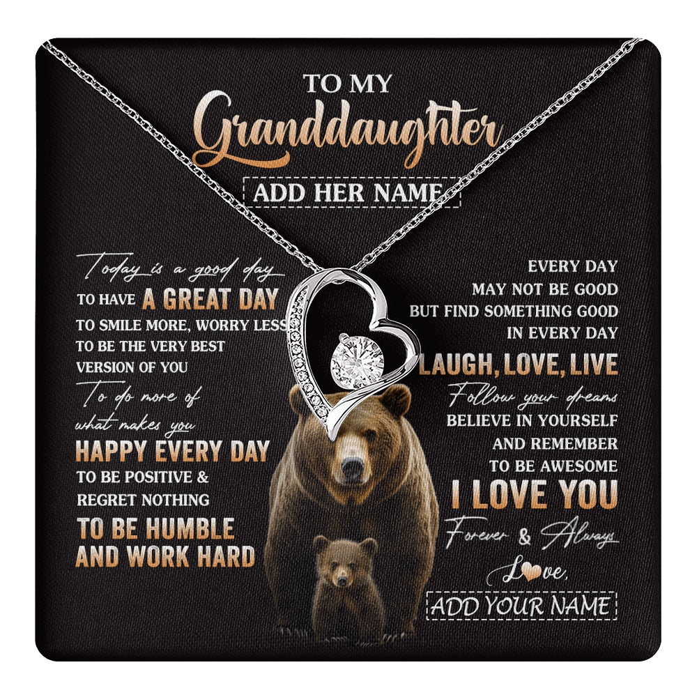 Forever Love Necklace 14K White Gold Finish | 1 | Personalized To My Granddaughter Bear Necklace From Grandma Grandpa Every Day Laugh Love Live Granddaughter Birthday Gifts Christmas Gift Box Message Card | https://teecentury.