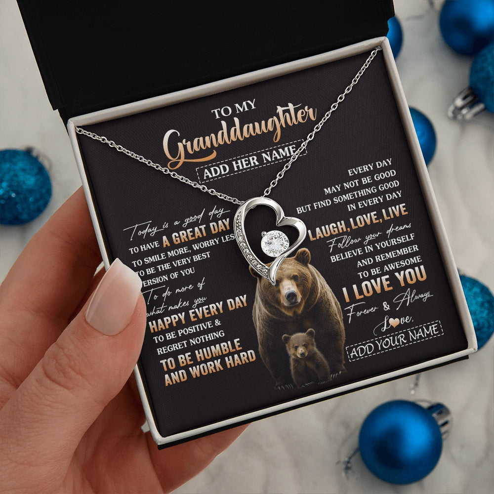 Forever Love Necklace 14K White Gold Finish | 2 | Personalized To My Granddaughter Bear Necklace From Grandma Grandpa Every Day Laugh Love Live Granddaughter Birthday Gifts Christmas Gift Box Message Card | https://teecentury.