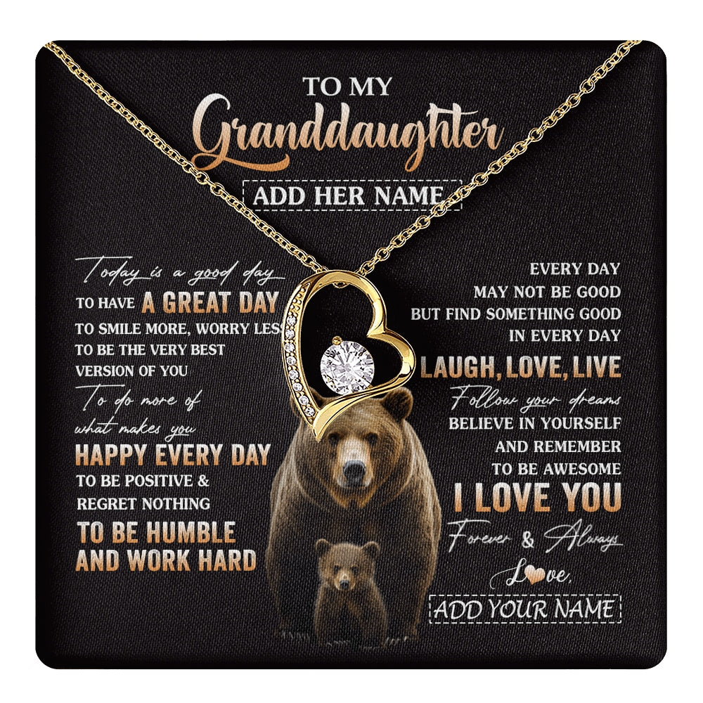 Forever Love Necklace 18K Yellow Gold Finish | 1 | Personalized To My Granddaughter Bear Necklace From Grandma Grandpa Every Day Laugh Love Live Granddaughter Birthday Gifts Christmas Gift Box Message Card | https://teecentury.