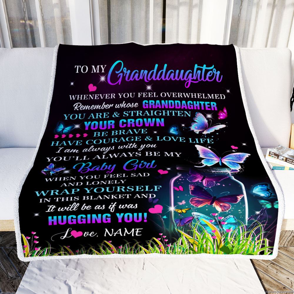 Personalized To My Granddaughter Blanket From Grandma Butterfly Straighten Your Crown Inspirational Granddaughter Birthday Christmas Customized Fleece Blanket | teecentury