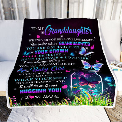 Personalized To My Granddaughter Blanket From Grandma Butterfly Straighten Your Crown Inspirational Granddaughter Birthday Christmas Customized Fleece Blanket | teecentury