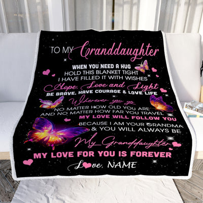 Personalized To My Granddaughter Blanket From Grandma Butterfly When You Need A Hug Granddaughter Birthday Graduation Christmas Customized Fleece Throw Blanket | teecentury