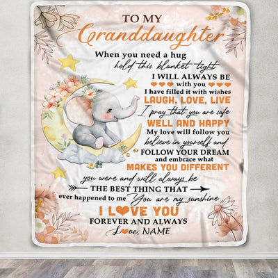 Personalized To My Granddaughter Blanket From Grandma Gigi Flower Elephant Moon Granddaughter Birthday Christmas Customized Bed Fleece Throw Blanket | teecentury