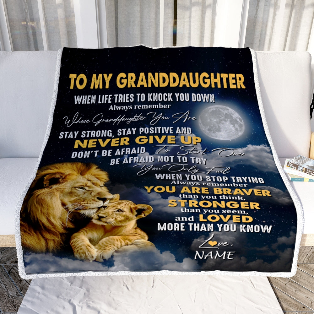 Personalized To My Granddaughter Blanket From Grandma Grandpa Lion Never Give Up Granddaughter Birthday Christmas Customized Fleece Throw Blanket | teecentury