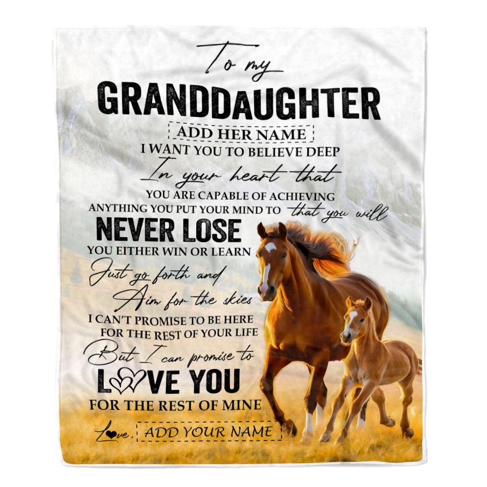 Personalized To My Granddaughter Blanket From Grandma Grandpa You Will Never Lose Horse Granddaughter Birthday Gifts Christmas Customized Fleece Throw Blanket | teecentury