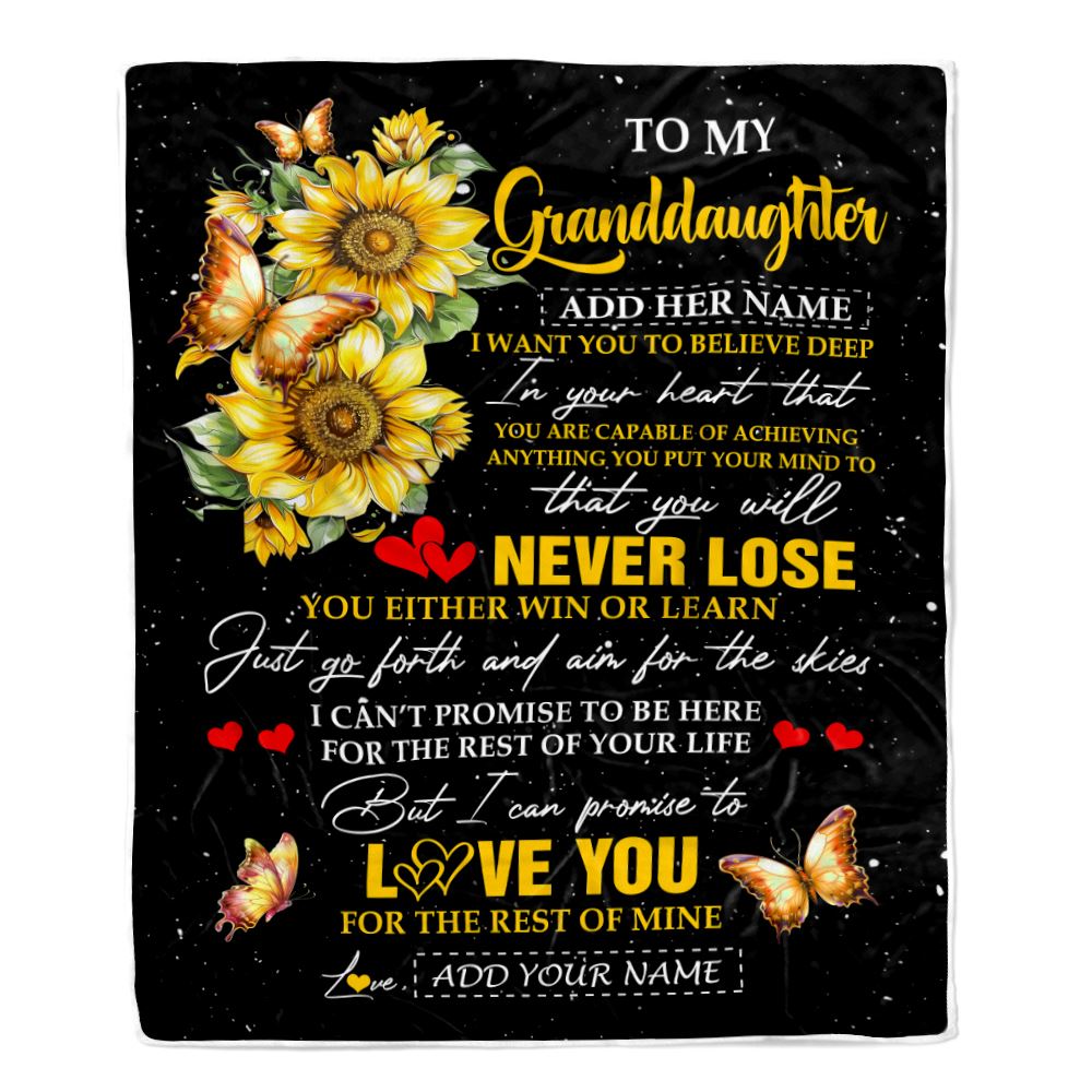Personalized To My Granddaughter Blanket From Grandma Grandpa You Will Never Lose Sunflower Granddaughter Birthday Gifts Christmas Customized Fleece Blanket | teecentury