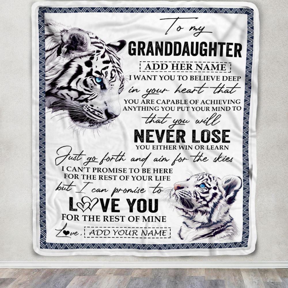 Personalized To My Granddaughter Blanket From Grandma Grandpa You Will Never Lose White Tiger Granddaughter Birthday Gifts Christmas Customized Fleece Blanket | teecentury