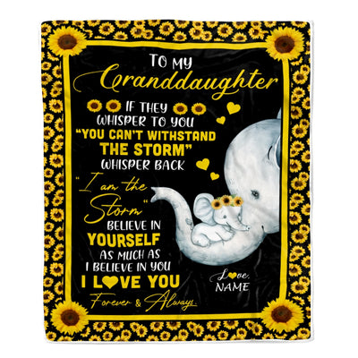Personalized To My Granddaughter Blanket From Grandma Mimi Gigi I Am The Storm Big Hug Sunflower Elephant Granddaughter Birthday Christmas Bed Fleece Blanket Blanket | Teecentury.com