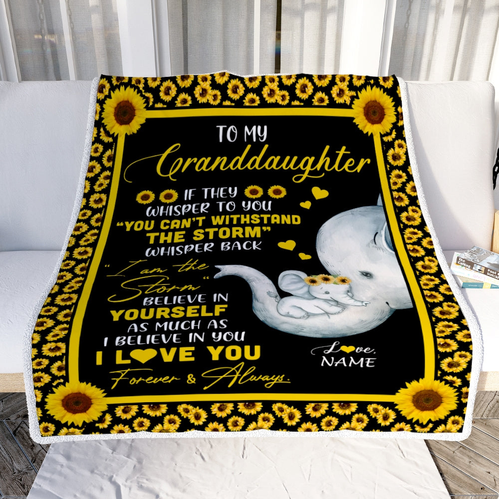 Personalized To My Granddaughter Blanket From Grandma Mimi Gigi I Am The Storm Big Hug Sunflower Elephant Granddaughter Birthday Christmas Bed Fleece Blanket Blanket | Teecentury.com